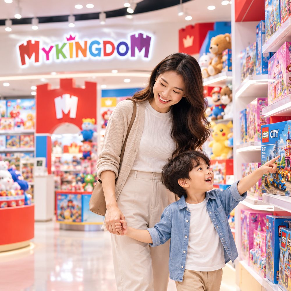 Một người mẹ dắt con trai trong cửa hàng Mykingdom, bé chỉ tay lên kệ LEGO